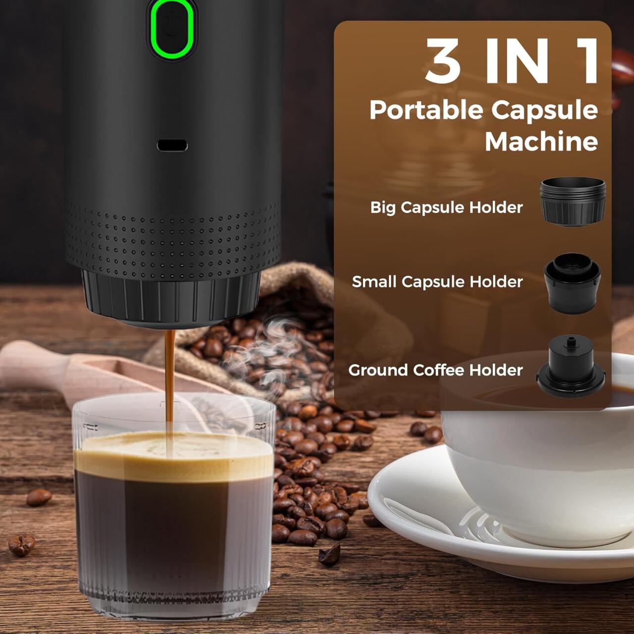 Cafetera Portátil 3 en 1 – Máquina de Café Espresso Compacta y Recargable para Café Molido +REGALO APLIQUES CAPSULAS